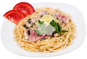 Спагетти с грибами и ветчиной - Фото